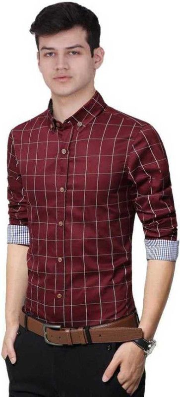 Men Checkered Formal Maroon Shirt