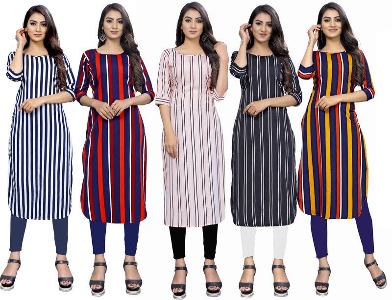 Pack of 5 Women Striped Crepe Straight Kurta  (Multicolor)