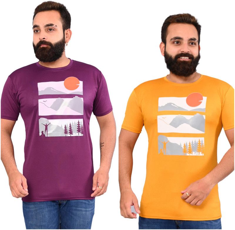 Pack of 2 Men Graphic Print Round Neck Elastane Purple, Yellow T-Shirt