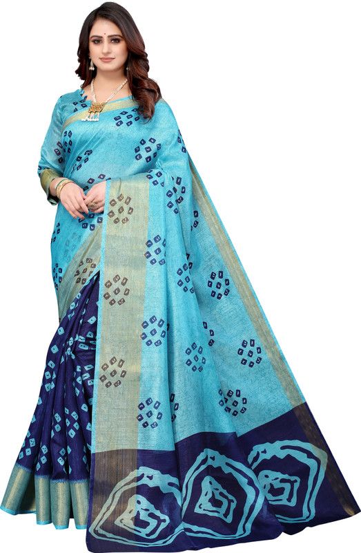 Printed Bandhani Linen Saree  (Dark Blue)