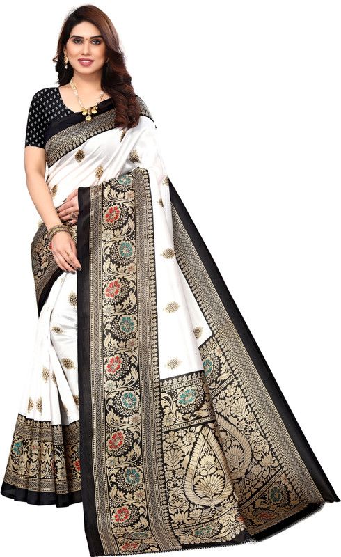 Floral Print, Printed, Self Design Mysore Art Silk Saree  (Black)