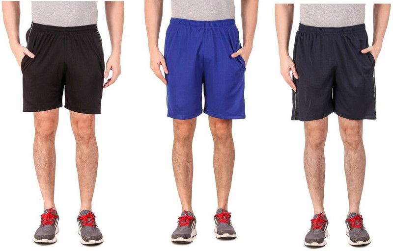 Pack of 3 Solid, Self Design Men Blue, Black Sports Shorts