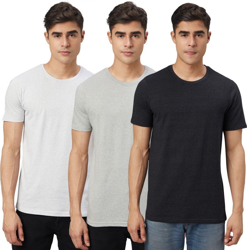 Pack of 3 Men Solid Round Neck Pure Cotton White, Grey, Black T-Shirt