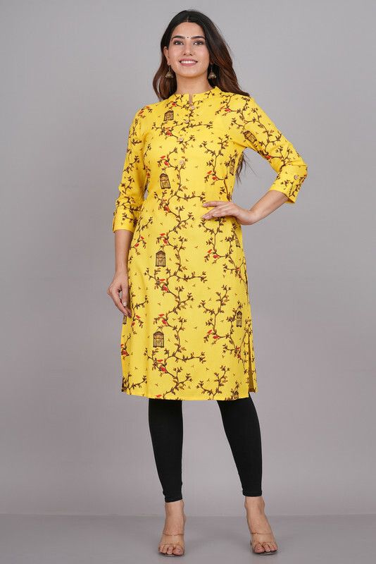 Women Self Design Cotton Rayon Straight Kurta  (Yellow)
