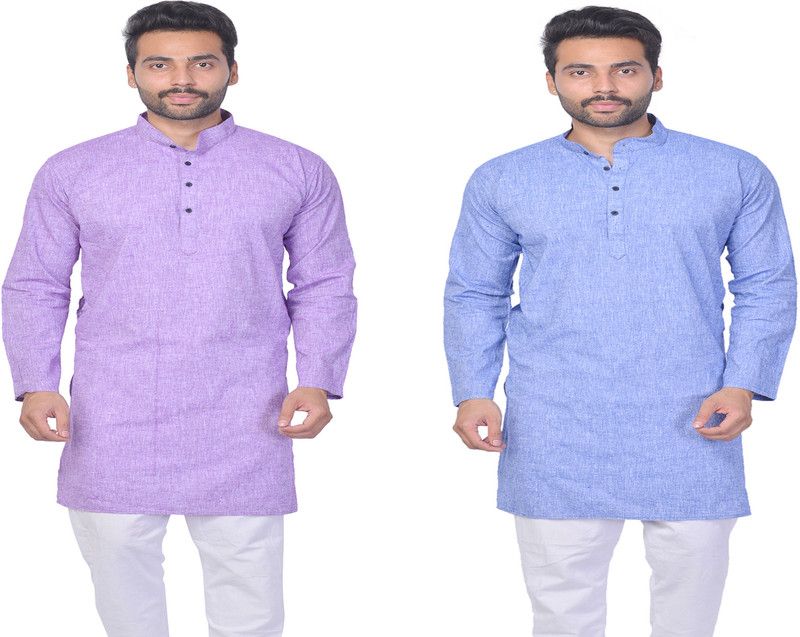 Pack of 2 Men Self Design Cotton Linen Straight Kurta  (Purple, Blue)