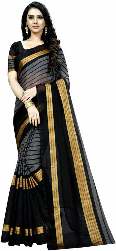 Striped Bollywood Cotton Silk Saree  (Black)