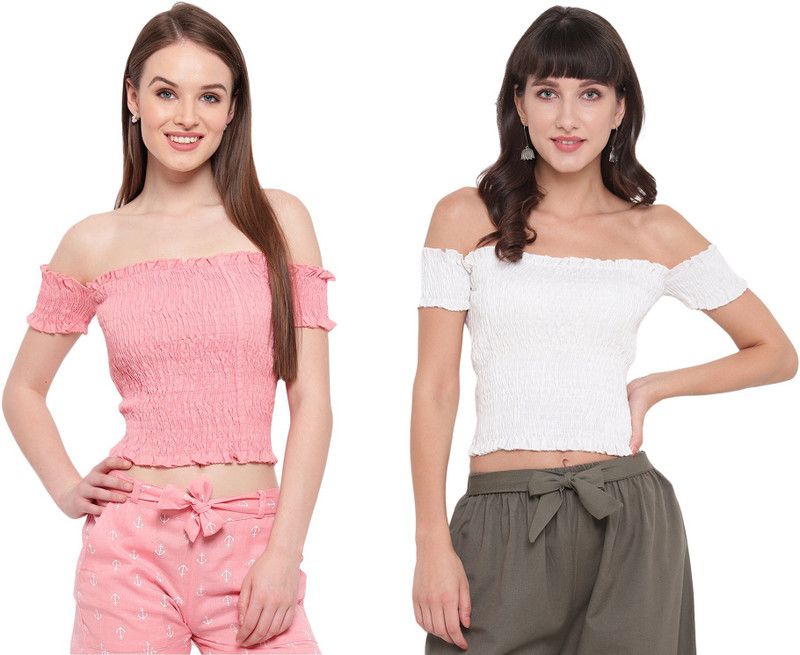 Pack of 2 Casual Cold Shoulder Sleeves Solid Women White, Pink Top