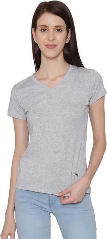 Vami Women's Plain Half Sleeve V-Neck T-Shirt For Summer - Grey Women Solid V Neck Cotton Blend Grey T-Shirt