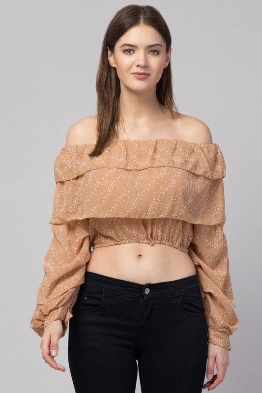 Casual Full Sleeve Printed Women Brown Top