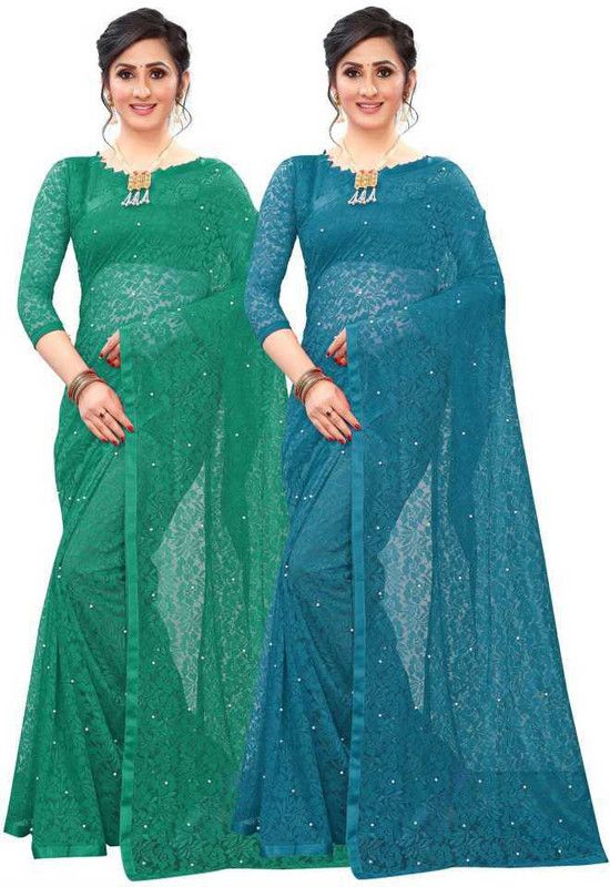Embellished Bollywood Net, Brasso Saree  (Pack of 2, Dark Green, Green)