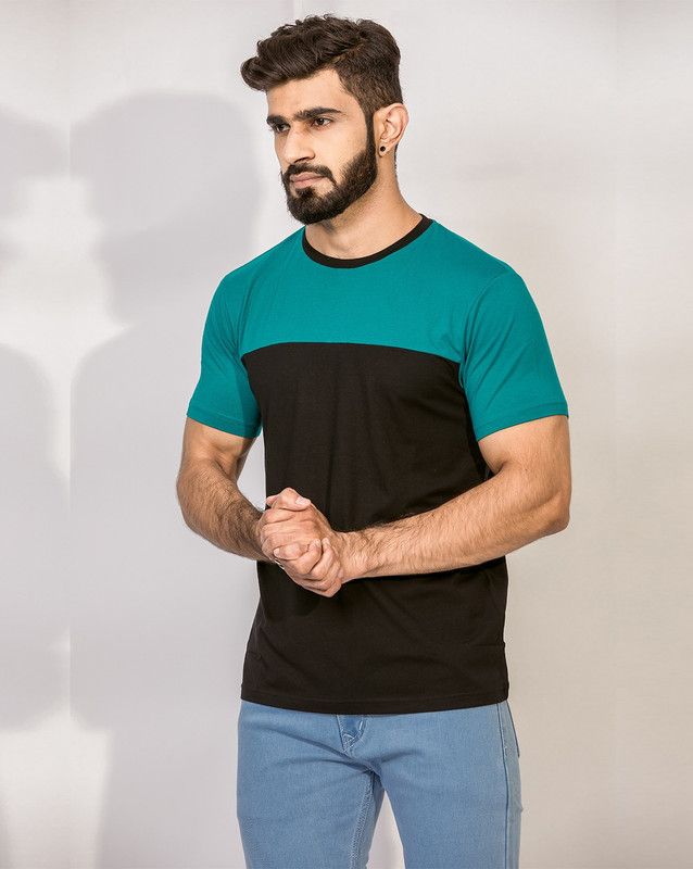 Men Colorblock Round Neck Cotton Blend Blue, Black T-Shirt