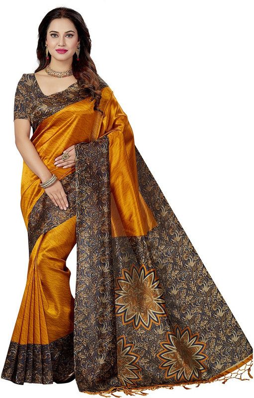 Printed Kalamkari Silk Blend Saree  (Mustard)