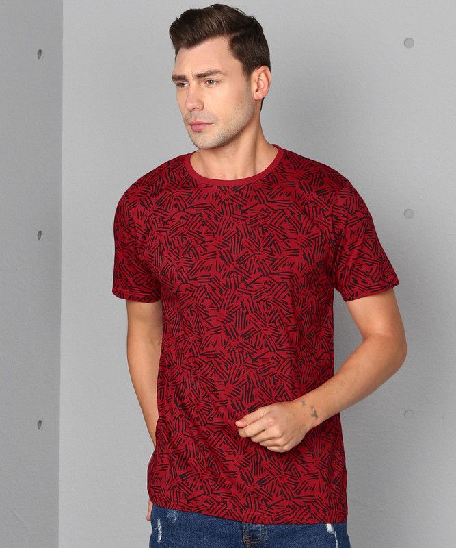 Printed Men Round Neck Cotton Blend Maroon T-Shirt