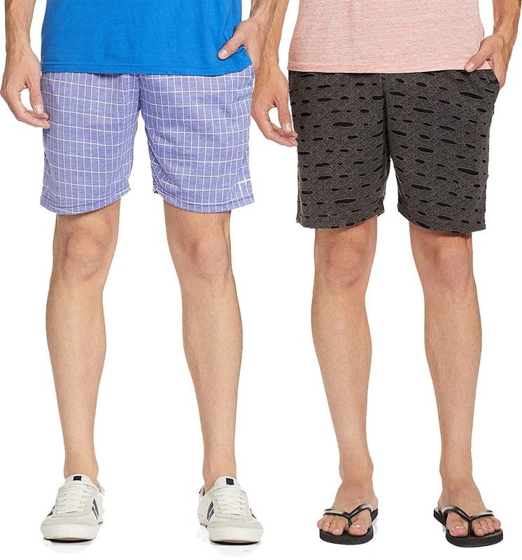 Pack of 2 Checkered, Self Design Men Blue, Grey Regular Shorts
