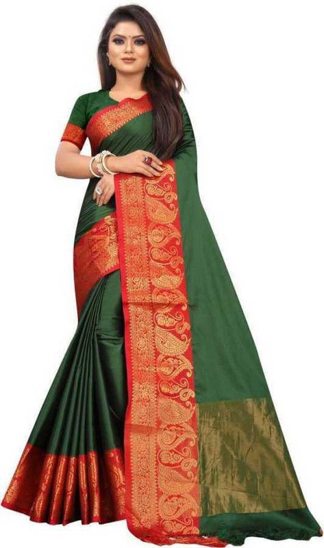 Woven Patola Cotton Silk Saree  (Dark Green)
