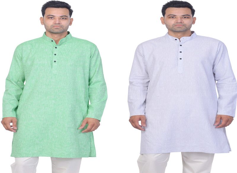 Pack of 2 Men Self Design Cotton Linen Straight Kurta  (Green, Grey)