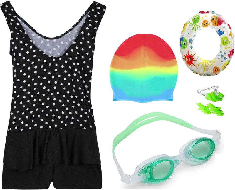 Girls Swimming Costume Ring Goggle Silicone Cap Earplug & Noseplug Printed Girls Swim-dress Multicolor Swimsuit