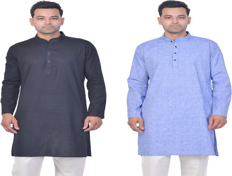 Pack of 2 Men Self Design, Solid Cotton Linen Straight Kurta  (Blue, Black)