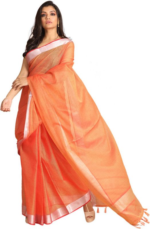 Self Design Kota Doria Silk Blend Saree  (Orange)