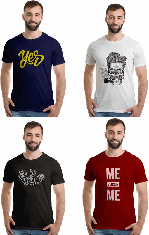Pack of 4 Men Printed Round Neck Pure Cotton Black, Maroon, Dark Blue, White T-Shirt