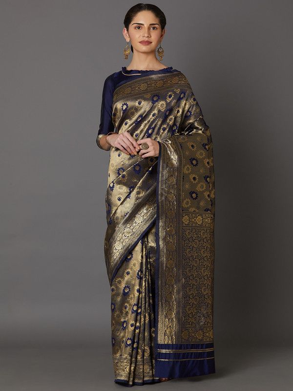 Embroidered Bollywood Jacquard, Art Silk Saree  (Dark Blue, Gold)