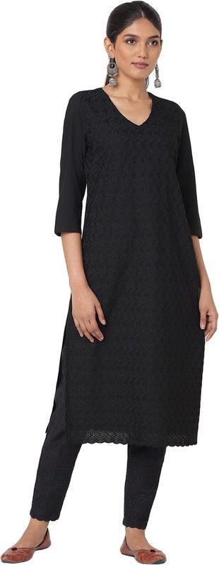 Women Embroidered Crepe Straight Kurta  (Black)