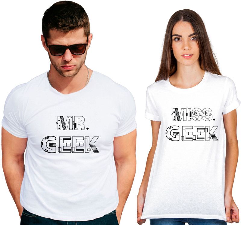 Pack of 2 Mr geek Miss geek.jpg Couple Tshirt White half sleeve 100% cotton round neck Couple Graphic Print Round Neck Cotton Blend White T-Shirt