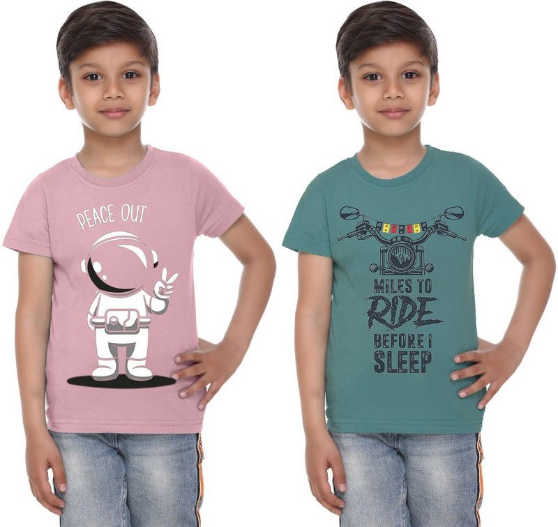 Boys & Girls Graphic Print Cotton Blend T Shirt  (Light Green, Pack of 2)