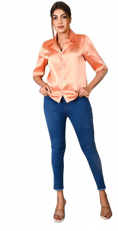 Women Solid Party Orange Shirt