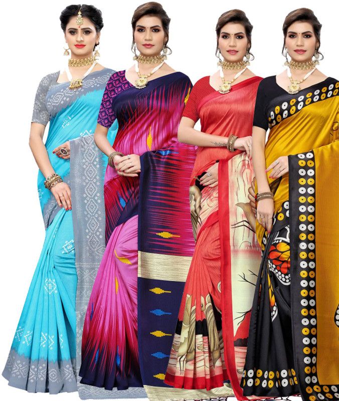 Embellished Bollywood Art Silk Saree  (Pack of 4, Light Blue, Red, Pink, Black)