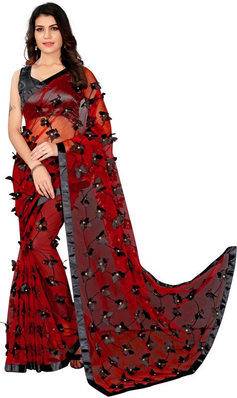 Printed Bollywood Net Saree  (Red, Black)