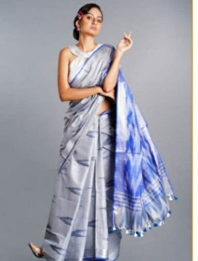 Printed Daily Wear Cotton Blend Saree  (Blue, Grey)