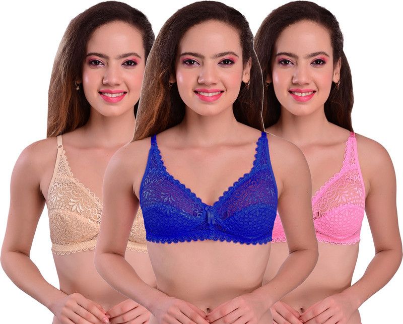 Pack of 3 Women Full Coverage Non Padded Bra  (Beige, Pink, Blue)