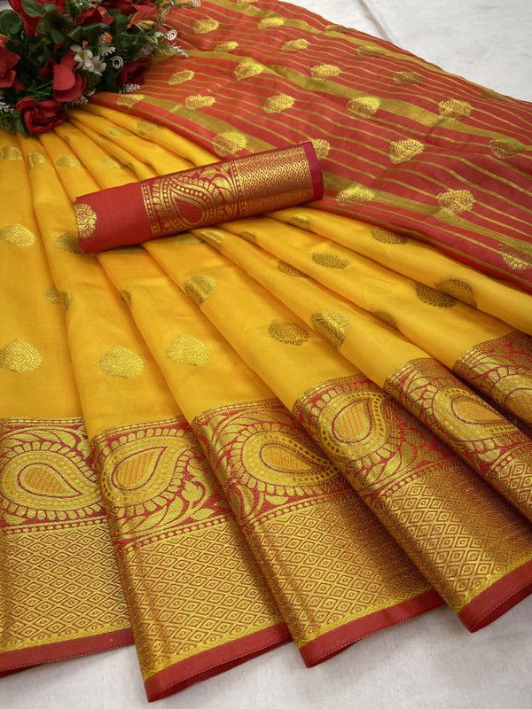 Paisley, Woven, Floral Print Banarasi Silk Blend, Cotton Blend Saree  (Red, Yellow)