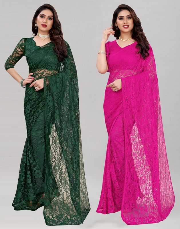 Fashion Net Saree  (Pack of 2, Dark Green, Pink)