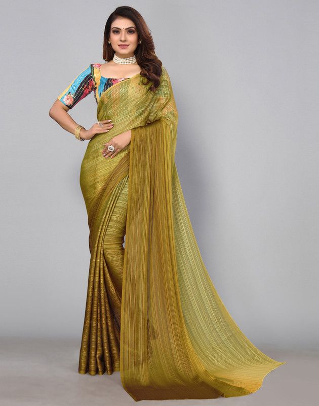 Woven, Striped, Dyed, Solid/Plain, Embellished Bollywood Georgette Saree  (Yellow)