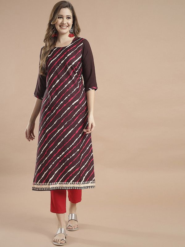 Women Embellished Crepe Straight Kurta  (Maroon)