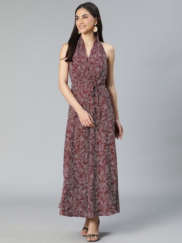 Women Fit and Flare Maroon, White Dress