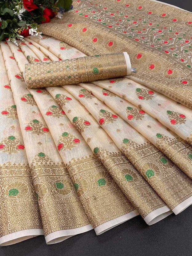 Woven Banarasi Jacquard Saree  (Gold, Cream)