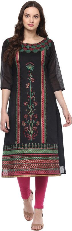 Women Self Design Chanderi Straight Kurta  (Black)