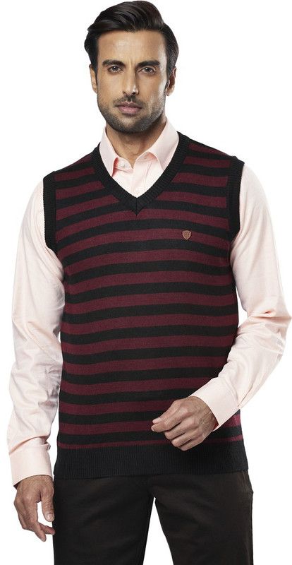 Men Solid V Neck Maroon, Black Sweater