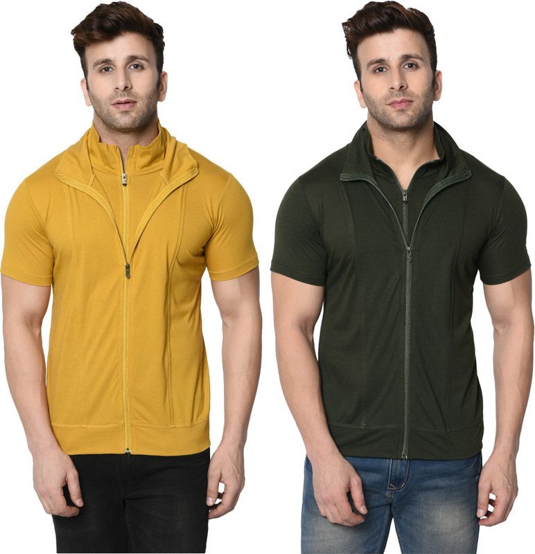 Pack of 2 Double Collar Zipper Party Wear T-shirt Men Self Design, Solid High Neck Cotton Blend Dark Green, Yellow T-Shirt