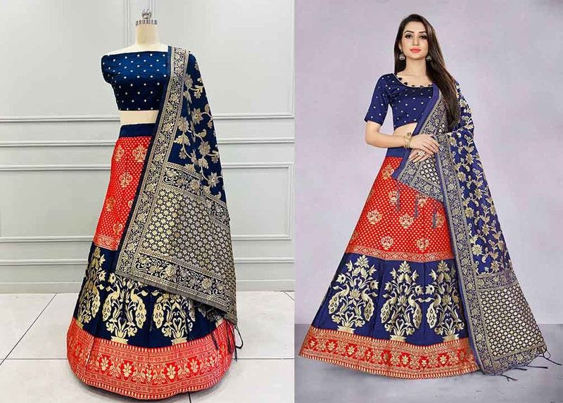 Self Design Semi Stitched Lehenga Choli  (Red, Dark Blue)