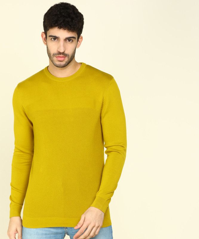 Men Self Design Crew Neck Yellow Sweater