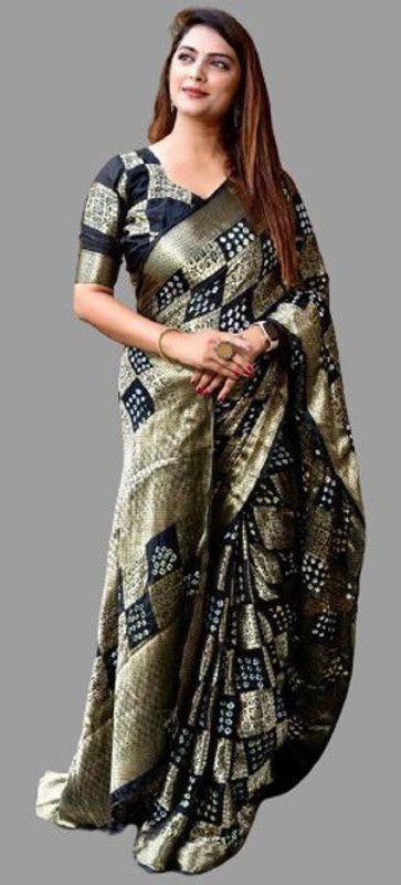 Woven Bandhani Jacquard, Pure Silk Saree  (Black)