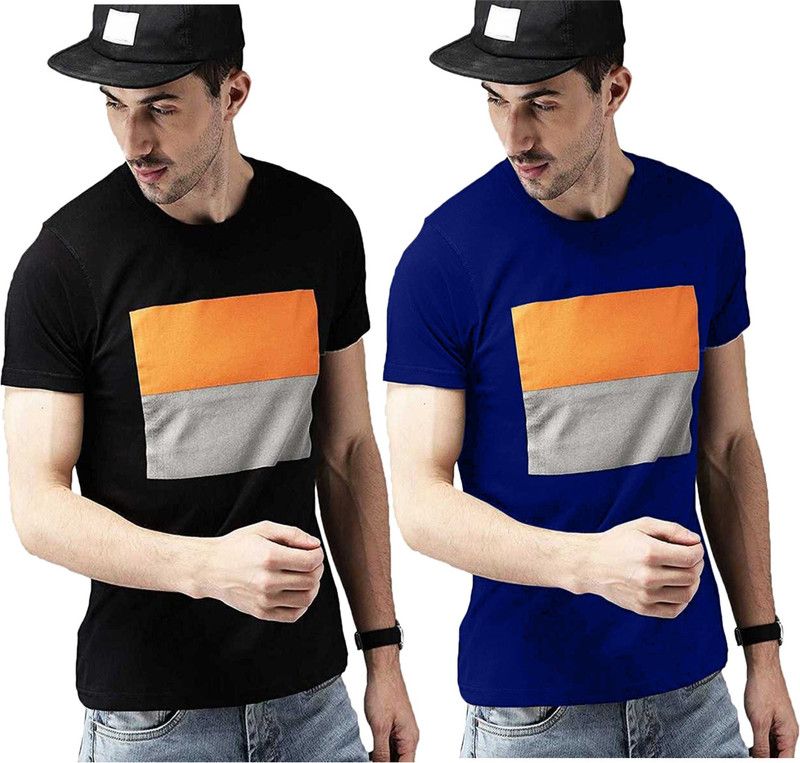 Pack of 2 Pack of 2 Stylish T-Shirts Combo Men Colorblock Round Neck Cotton Blend Blue, Black T-Shirt