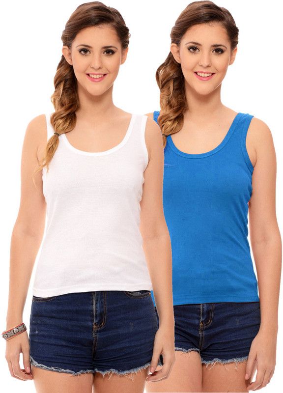 Pack of 2 Casual Sleeveless Solid Women Green, White Top