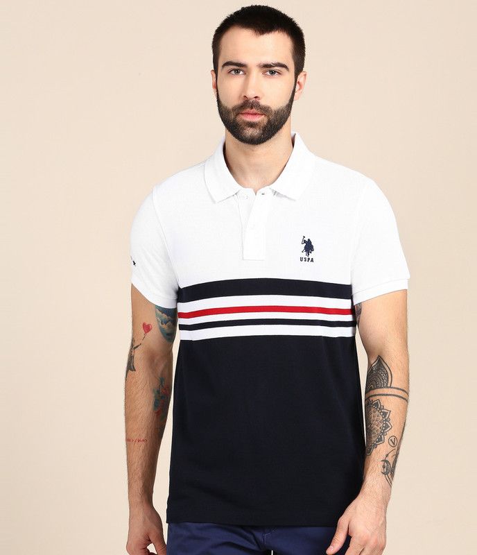 Men Solid Polo Neck Pure Cotton Dark Blue, White T-Shirt
