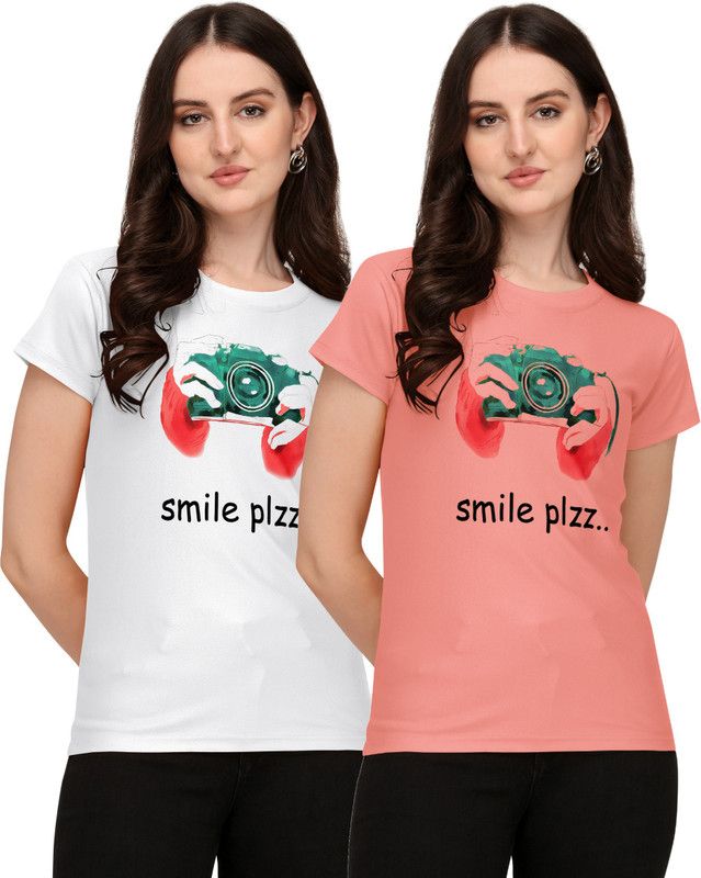 Pack of 2 Women Printed Round Neck Polyester White, Pink T-Shirt