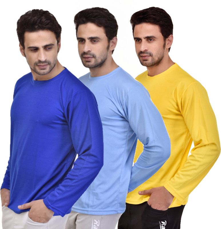 Pack of 3 3combo round-neck Sky blue Royal Blue Yellow 3XL Men Solid Round Neck Polyester Light Blue, Blue, Yellow T-Shirt